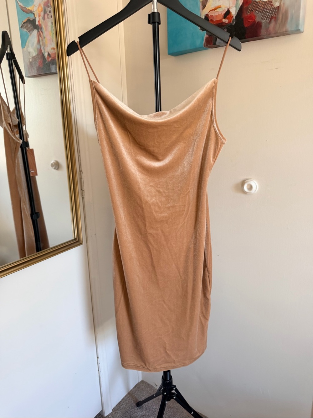 NWT SHEIN Champagne Velvet Cowl Neck Bodycon Midi Dress S